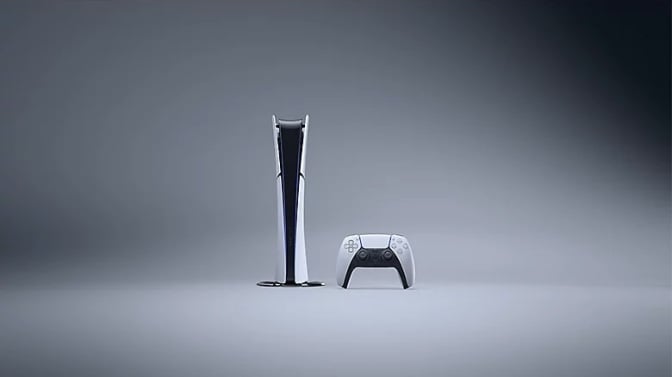 playstation 5 slim and controller on gray background