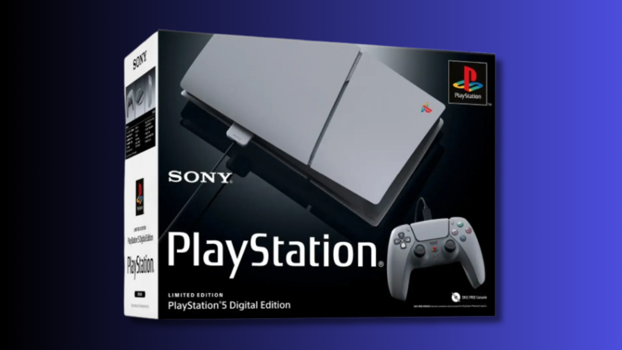 box art for the ps5 slim digital edition 30th anniversary limited edition bundle against a gradient blue background