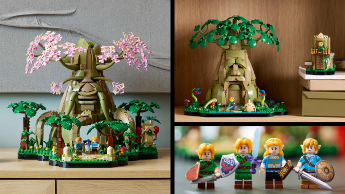 a collage of images of the lego legend of zelda great deku tree set