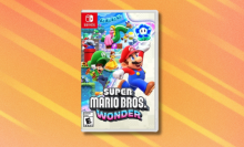 Super Mario Bros. Wonder on orange and white abstract background