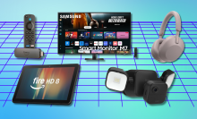 Amazon Fire TV Stick 4K, Fire HD 8 tablet, Samsung M7 monitor, Blink floodlight cam, and Sony Wh-1000xm5 headphones with blue and purple background