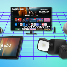 Amazon Fire TV Stick 4K, Fire HD 8 tablet, Samsung M7 monitor, Blink floodlight cam, and Sony Wh-1000xm5 headphones with blue and purple background