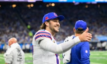 Buffalo Bills quarterback Josh Allen talks to the fans