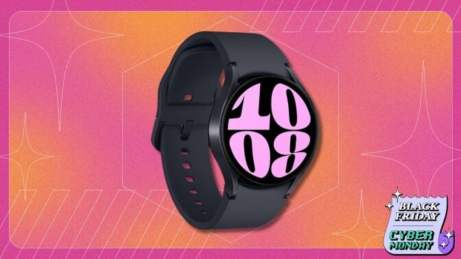 samsung galaxy watch 6 on a pink and orange patterned background