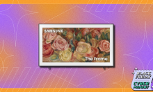 Samsung The Frame QLED TV on purple and orange backdrop