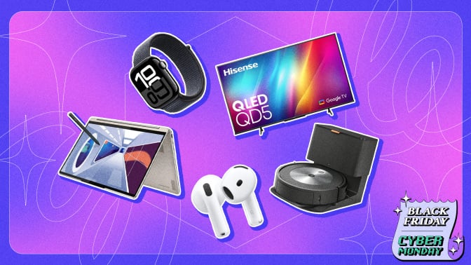 A colorful Black Friday background with an Apple watch, Hisense TV, iRobot vacuum, Microsoft 2-in-1 laptop, and Apple AirPods.