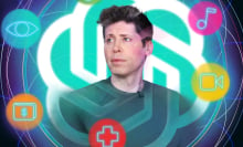 OpenAI CEO Sam Altman surrounded by icons for music, vision, video, money, and health