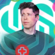 OpenAI CEO Sam Altman surrounded by icons for music, vision, video, money, and health