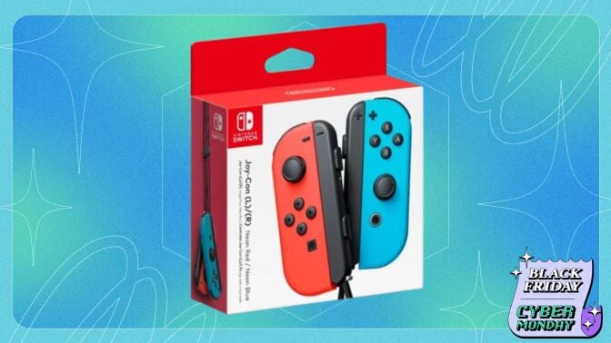 A box of Nintendo Switch Joy-Cons appear on a blue and white designed background with the Mashable Black Friday logo.