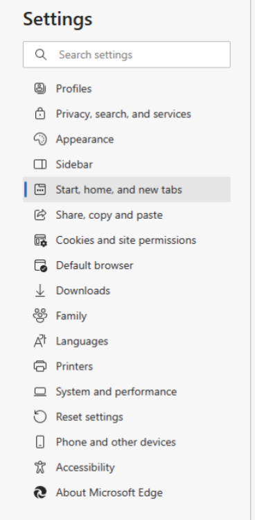 Start, home and new tabs in Edge browser