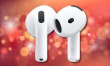 apple airpods 4 on a red and orange sparkling background