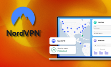 A colorful background with a NordVPN logo and laptop showing the program.