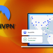 A colorful background with a NordVPN logo and laptop showing the program.