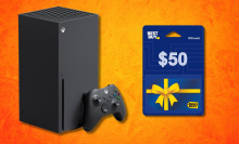 xbox console and a best buy gift card against an orange background 