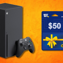 xbox console and a best buy gift card against an orange background 