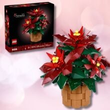 lego icons poinsettia box on the left and built set on the right against a pink circular background