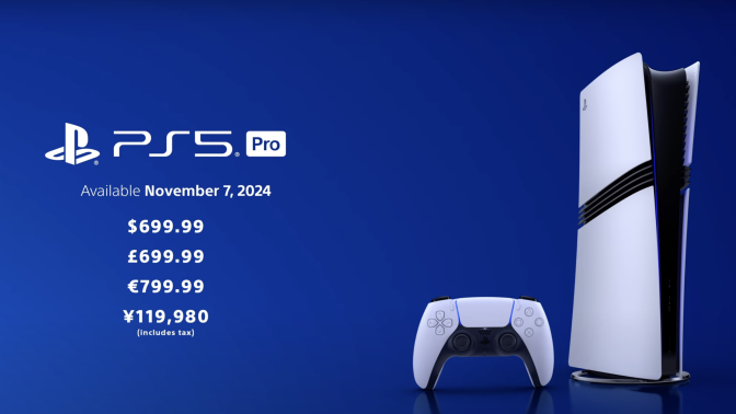 The image shows the upcoming PlayStation 5 Pro console and a controller on a blue background, with the PS5 Pro logo and release date of November 7, 2024. Prices are listed as $699.99, £699.99, €799.99, and ¥119,980 (including tax)