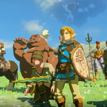 A screenshot from a "The Legend of Zelda: Tears of the Kingdom" trailer, showing Link surrounded by allies and looking into the distance.