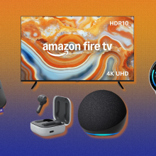 Amazon Echo Dot and Echo Buds, Fire TV, Roku streaming stick, and Garmin Venu 3 with purple and orange background