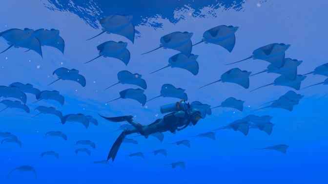 Player character swimming with school of rays in Endless Ocean Luminous