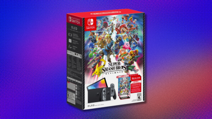 packaging for the Nintendo Switch - OLED 'Super Smash Bros. Ultimate' Bundle against a purple, blue, and orange background