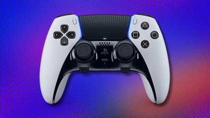 a PlayStation DualSense Edge wireless controller against a blue, purple, and orange abstract background