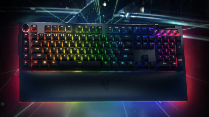 a Razer BlackWidow V4 Pro keyboard against a black background with rainbow backlighting