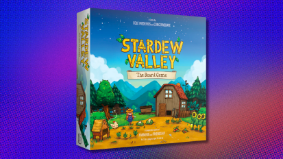 packaging for 'Stardew Valley: The Board Game' against a purple, blue, and orange abstract background