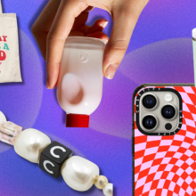 Items from brands like Casetify, Glossier, Stanley, Kimoli overlaid on a gradient purplish background