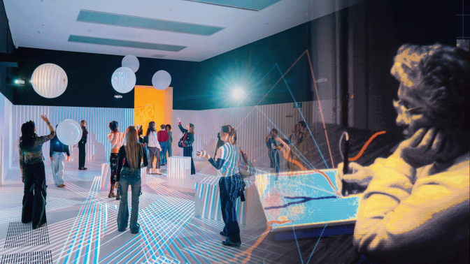 A collage shows a group of people in an immersive 'Electric Dreams' room (left) and a composite of Palestinian-American artist Samia Halaby as she draws (right)