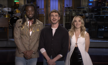 Shaboozey, Paul Mescal, and Chloe Fineman stand for a promo for "Saturday Night Live."