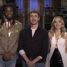 Shaboozey, Paul Mescal, and Chloe Fineman stand for a promo for "Saturday Night Live."