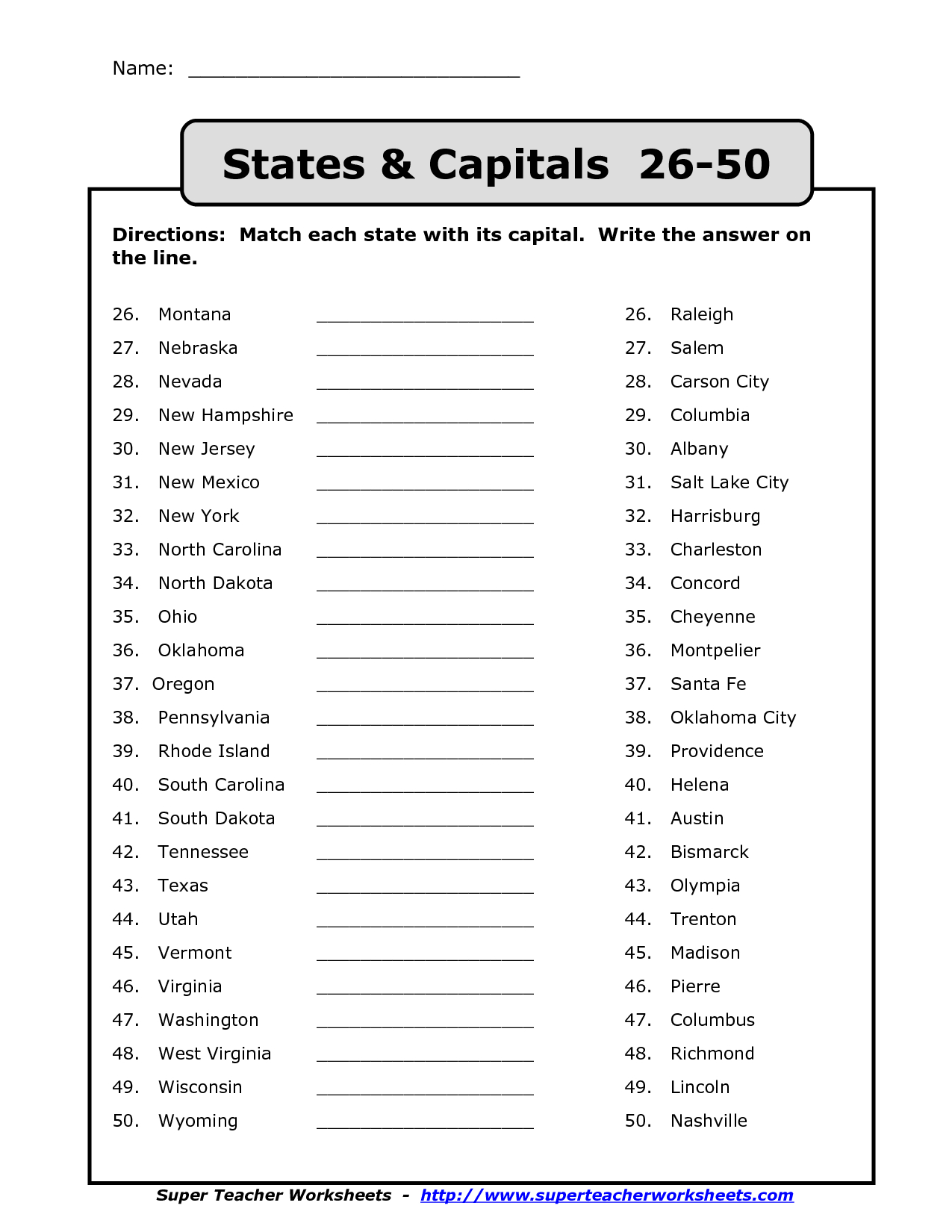 Printable List Of 50 States And Capitals