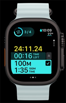 Az Apple Watch Ultra 2 egy egyéni edzés terhelési periódusának mérését mutatja.