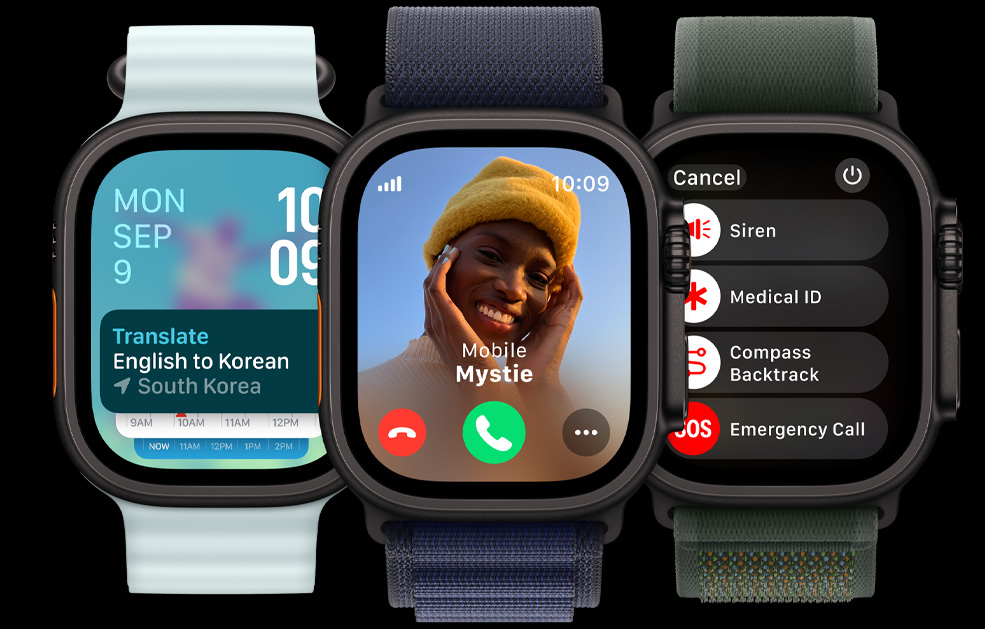 Három Apple Watch Ultra-kijelző. Az elsőn a Fordító app látszik. A másodikon egy bejövő hívás. Az utolsón a Sziréna, az Egészségügyi azonosító, a Visszakövetés és a Segélyhívás ikonja.