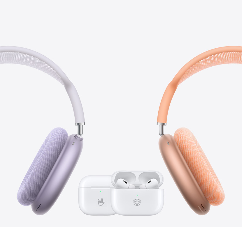 AirPods Max auf der linken und rechten Seite mit AirPods 4 und AirPods Pro 2 in der Mitte.