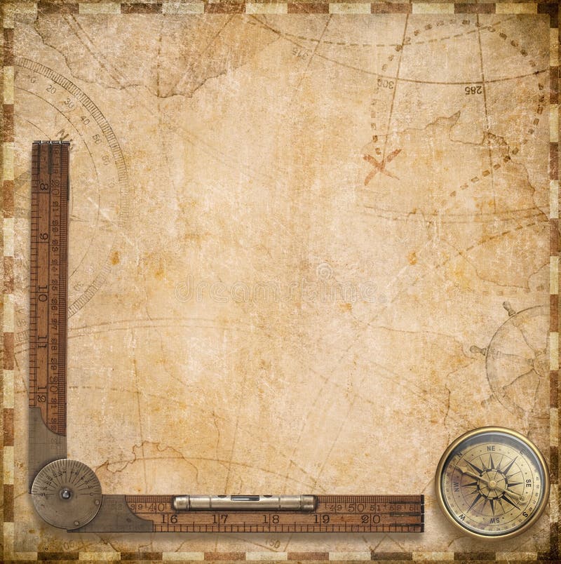 Aged Map, Ruler, Rope and Old Compass Stock Illustration - Illustration ...