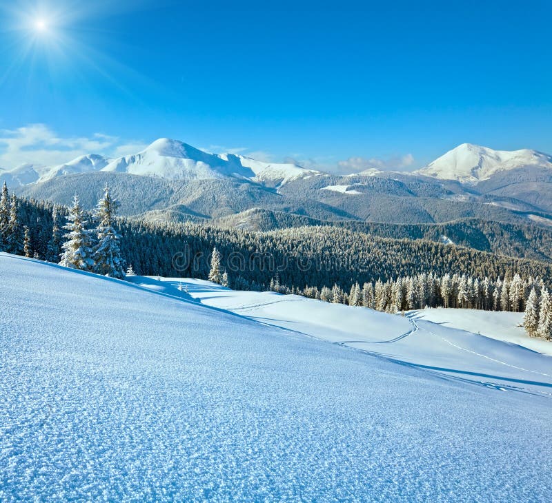 Snowy Sunshine Mountain Landscape Stock Photo - Image of snow, frost ...