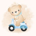 Cute bear riding a motorcycle hand drawn illustration