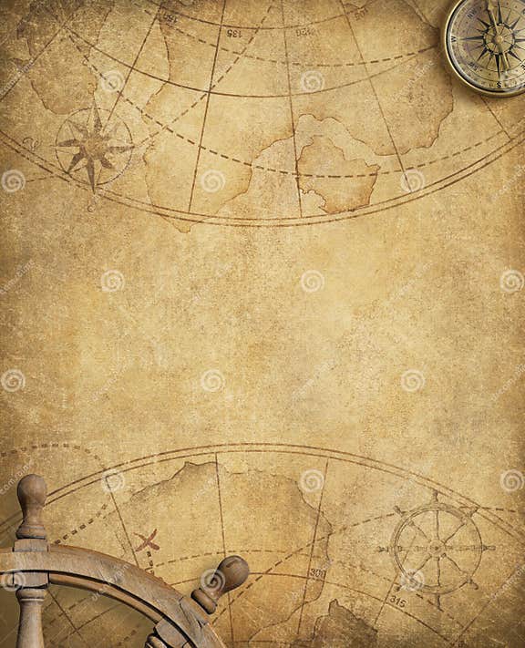 Old Nautical Map with Compass and Steering Wheel Stock Illustration ...