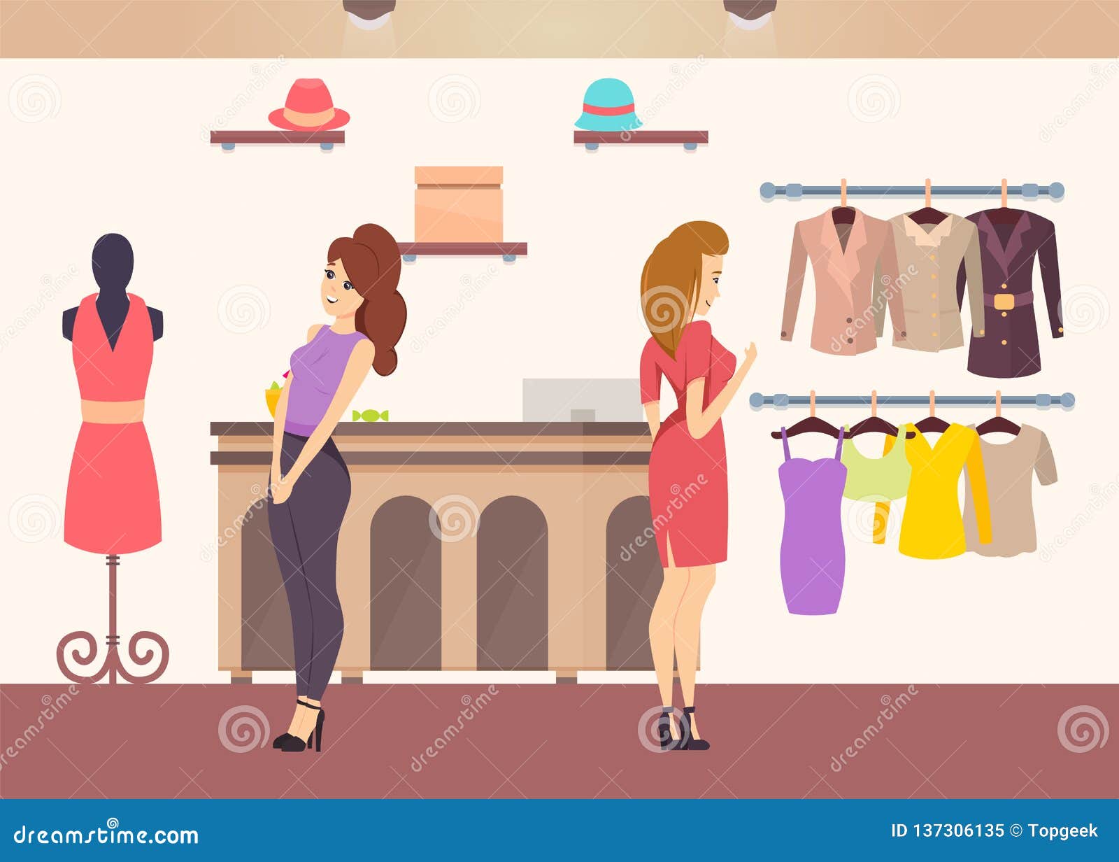 Shopping Women Looking at Outfits in Store Vector Stock Vector ...