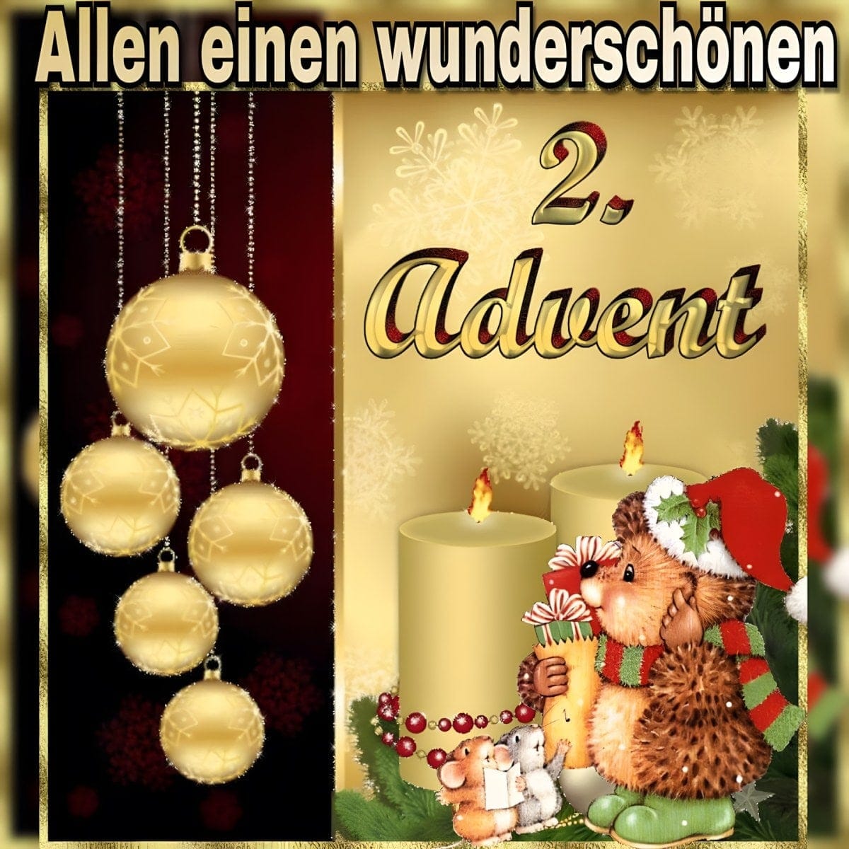 Allen einen wunderschönen 2. Advent mit Christbaumkugeln, Kerzen und einem Igel in Weihnachtsstimmung