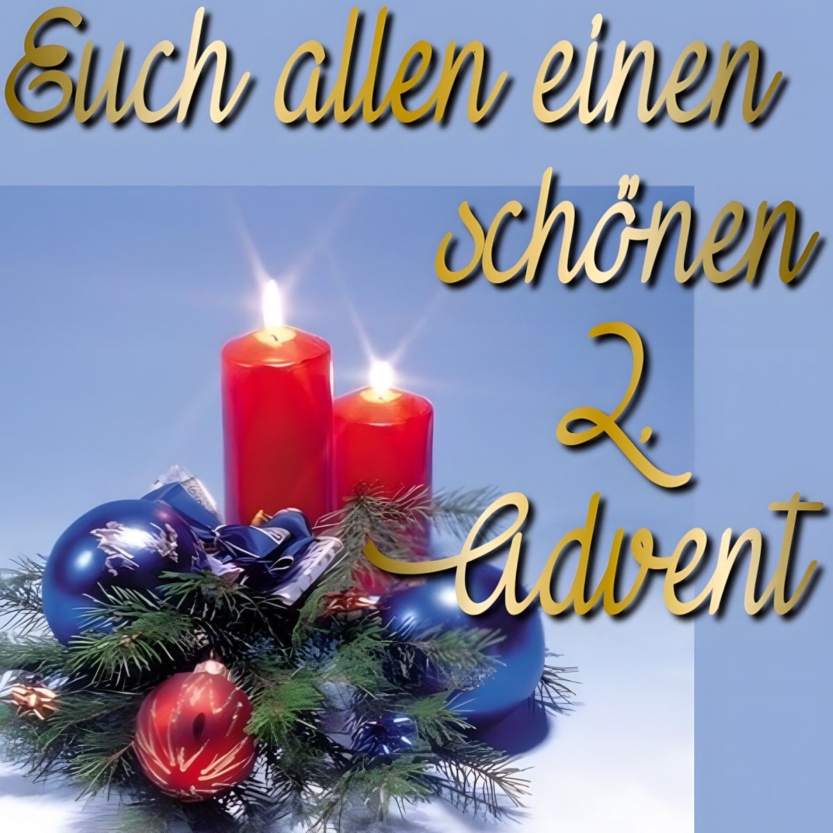 Drei brennende Kerzen und Weihnachtsdekorationen mit Text „Schönen 2. Advent“