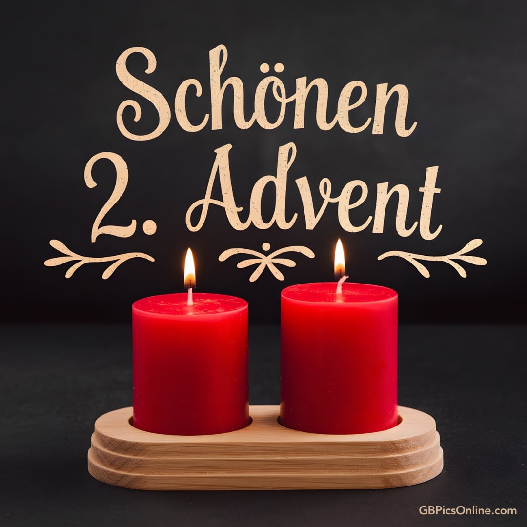 Zwei brennende rote Kerzen auf einem Holztablett, Schriftzug „Schönen 2. Advent“