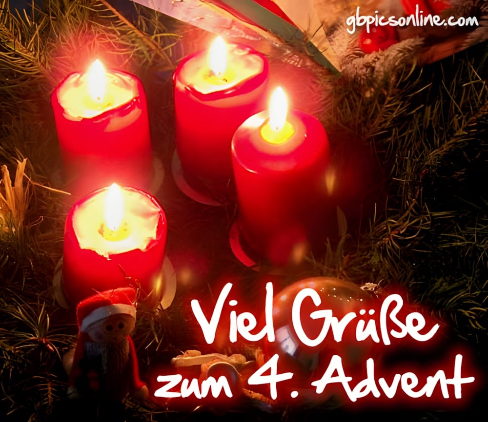 Vier brennende rote Adventskerzen, Zweige, Plätzchen, „Viel Grüße zum 4. Advent“