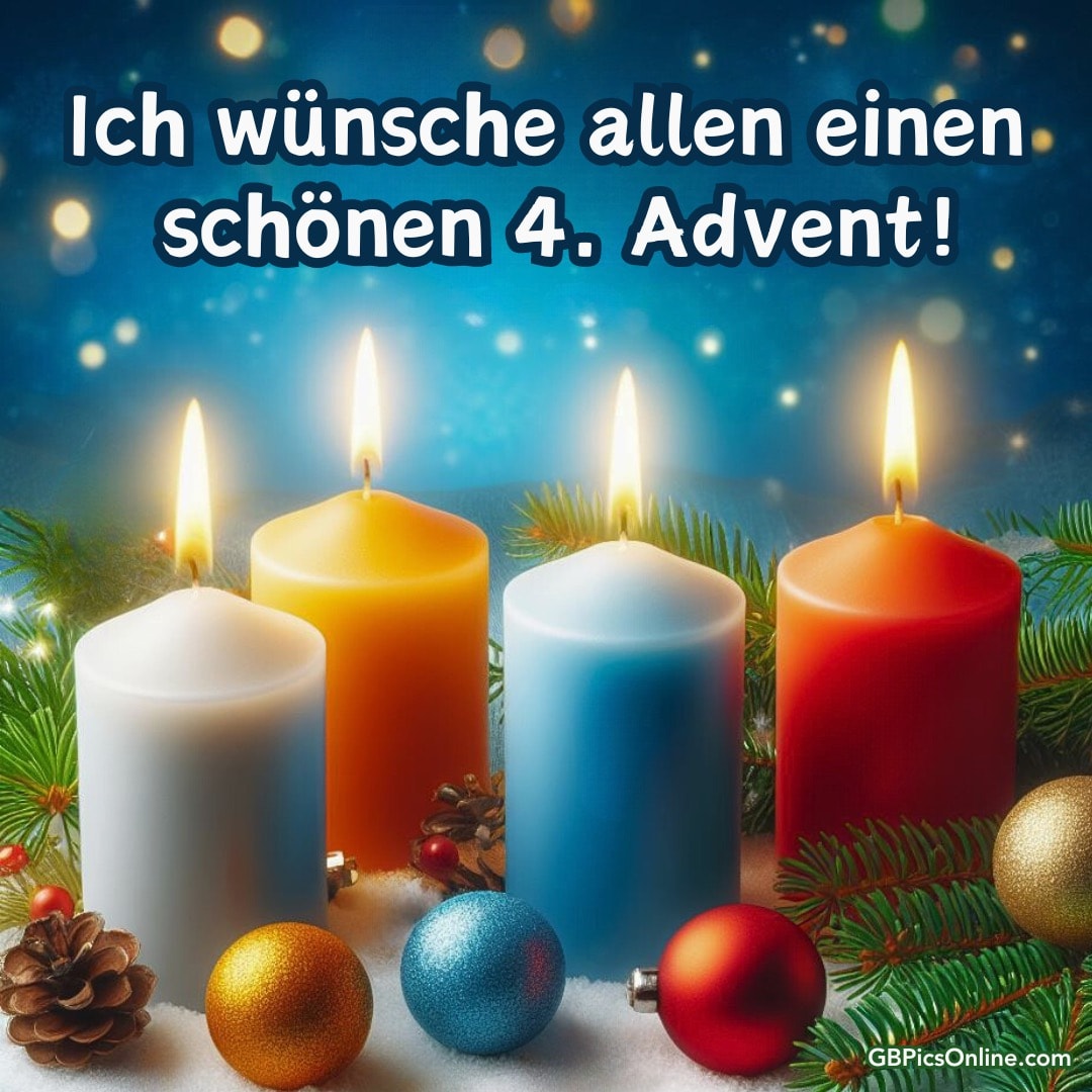 Vier Kerzen, Tannenzweige und Weihnachtsdeko symbolisieren Adventszeit