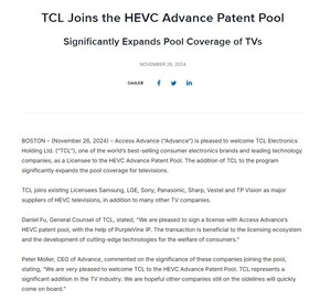 PurpleVine permet à TCL d'entrer avec succès dans la communauté de brevets HEVC Advance