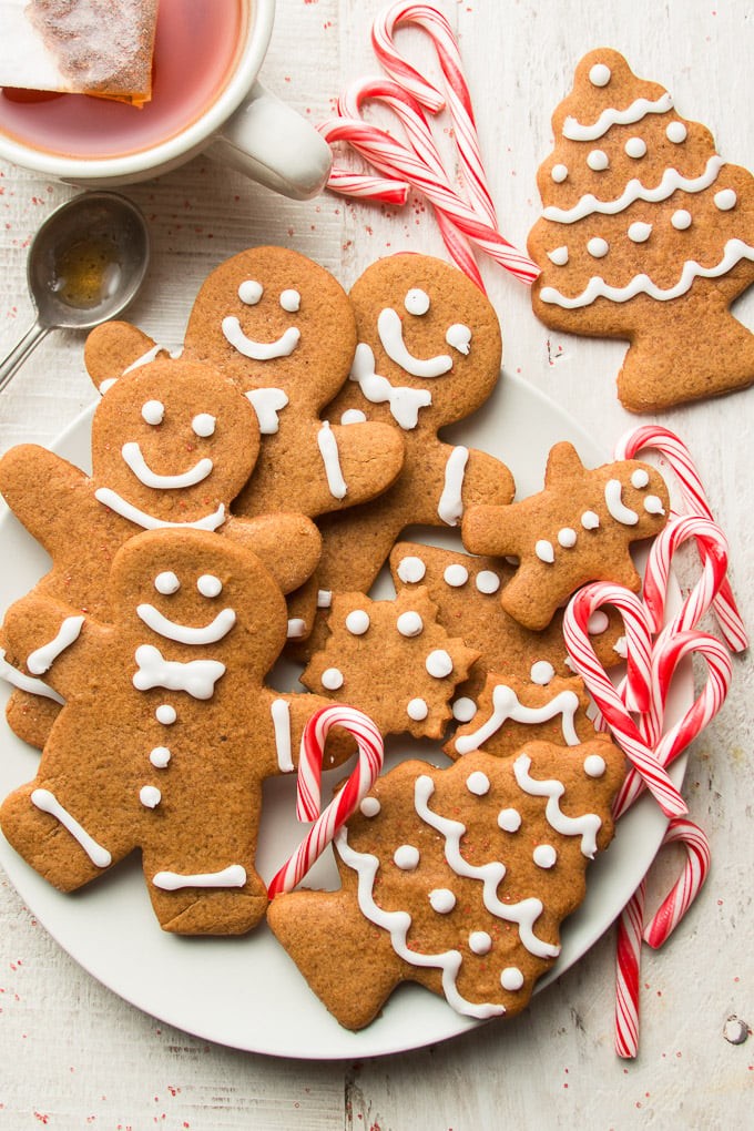 Vegan Gingerbread Cookies on a Plate with Candy Canes