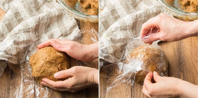 Side By Side Images Showing: Hands Forming a Dough Ball for Vegan Gingerbread Cookies, and Wrapping Dough in Plastic