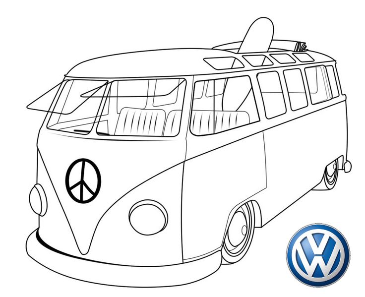 a drawing of a vw bus with a surfboard on top and the word peace written